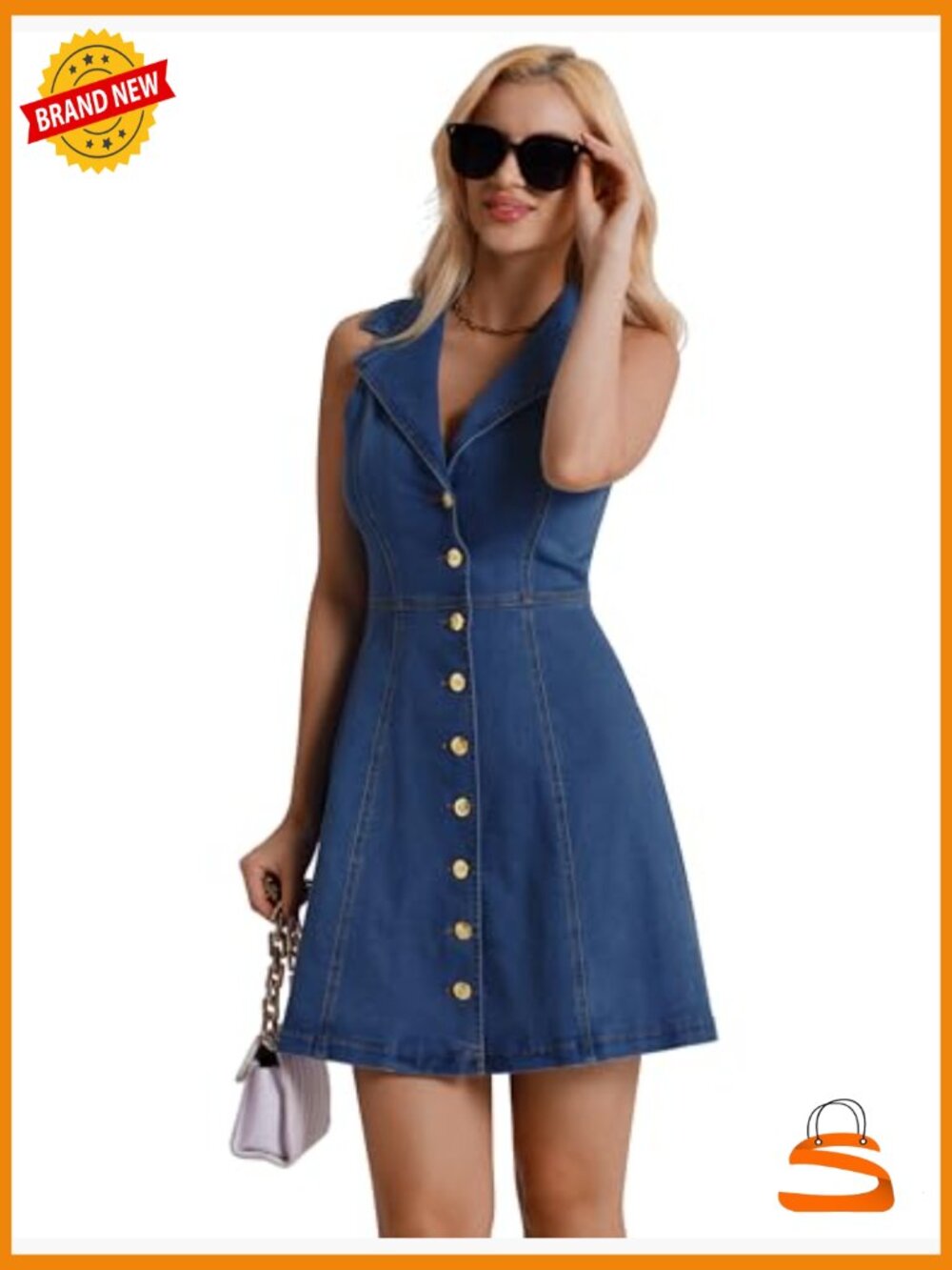 Sleeveless Button Down Denim Dress A-Line Mini Romper - Picture 4 of 7
